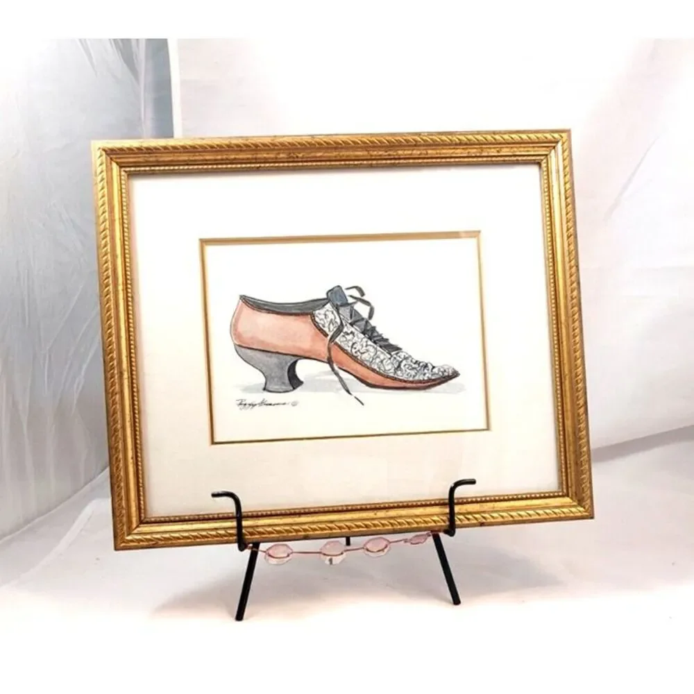 Peggy Abrams Watercolor Victorian Shoes Set of 2 Signed and Framed